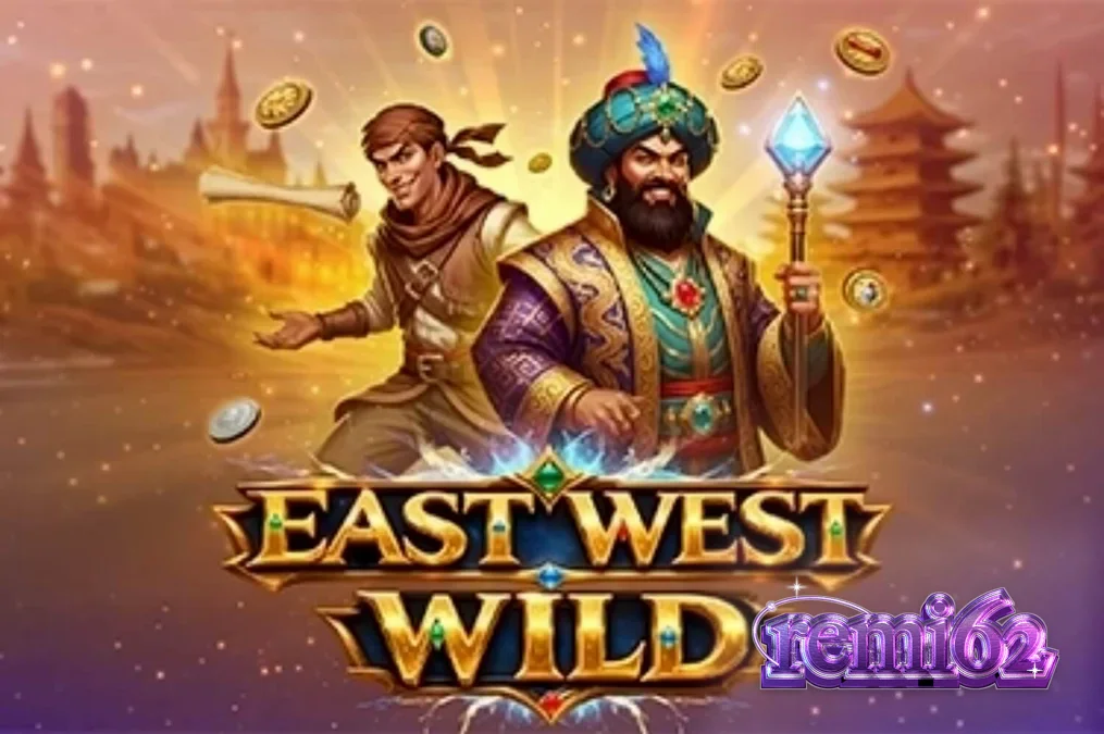 Tampilan visual gulungan slot East West Wild dengan latar belakang gurun dan kuil kuno.